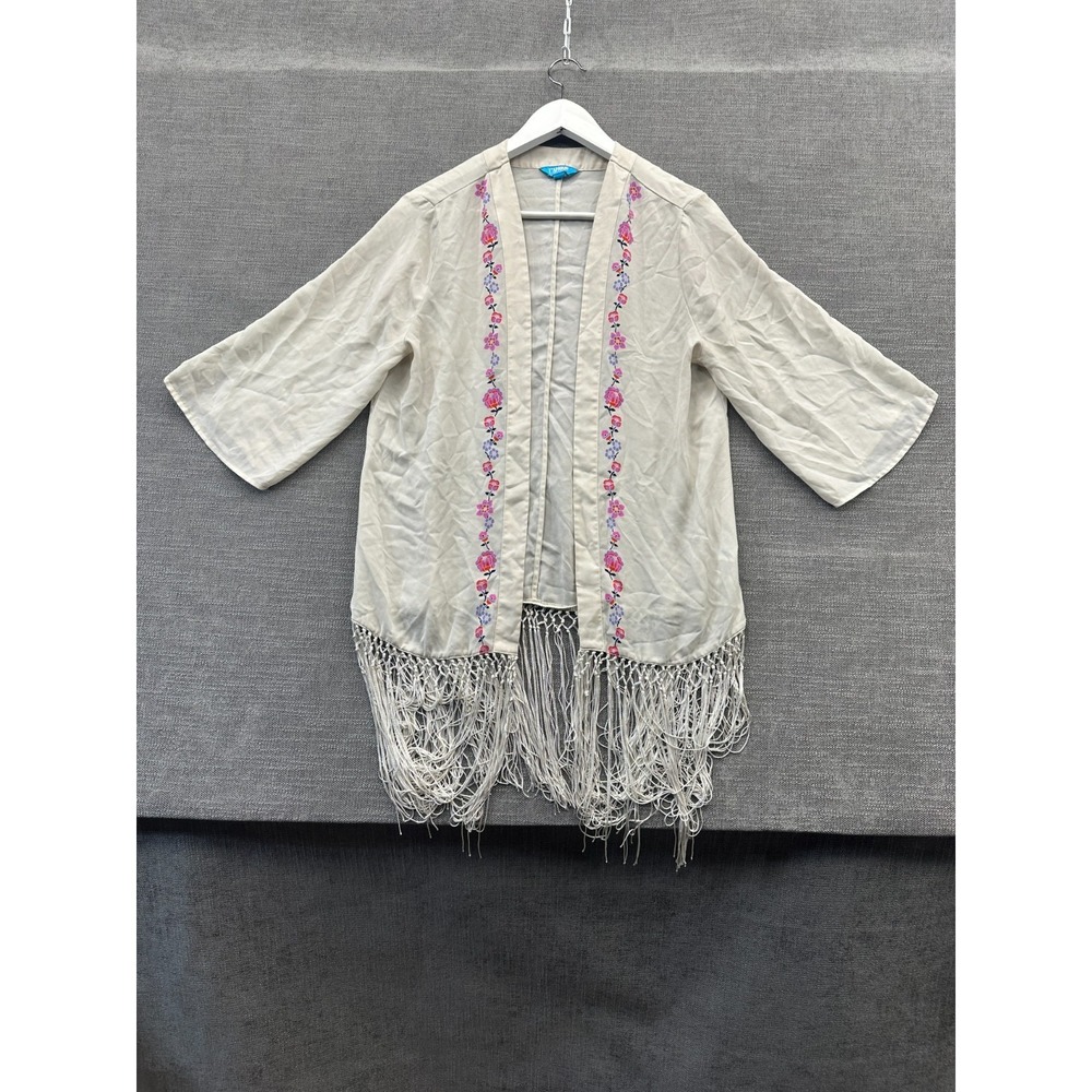 Lamour Nenette‎ Lepore Cardigan Sweater Womens L Beige Floral Detail Fringe Hem